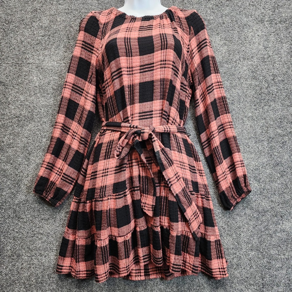 Cloth & Stone Anthropologie Plaid Tie Waist Rustic‎ Tiered Boho Mini Dress XS